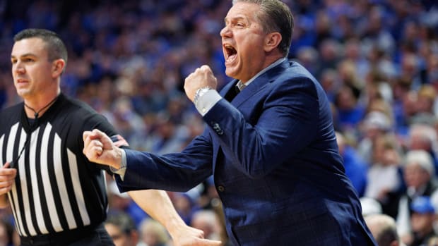 Jan 20, 2024; Lexington, Kentucky, USA; Kentucky Wildcats head coach John Calipari reacts during the first half against the Georgia Bulldogs at Rupp Arena at Central Bank Center. Mandatory Credit: Jordan Prather-USA TODAY Sports